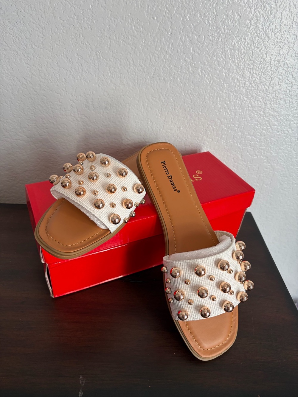 Pierre Dumas White Slide Sandals with Gold Studs